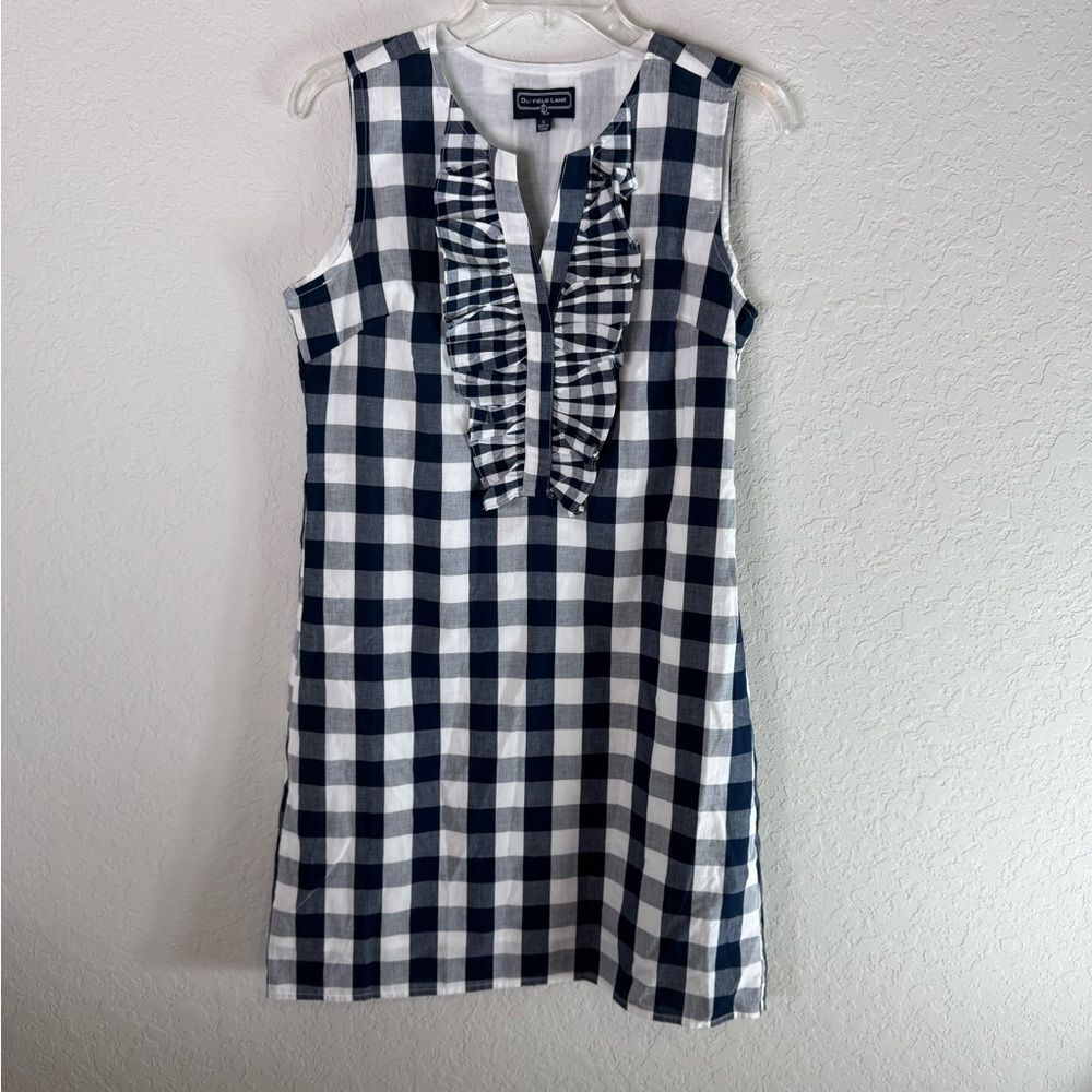 Duffield Lane Gingham Ruffled Navy and White Sleeveless Dress Size S